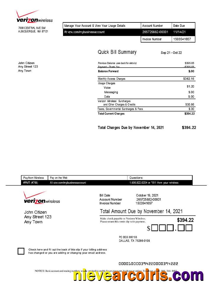 USA Verizon invoice